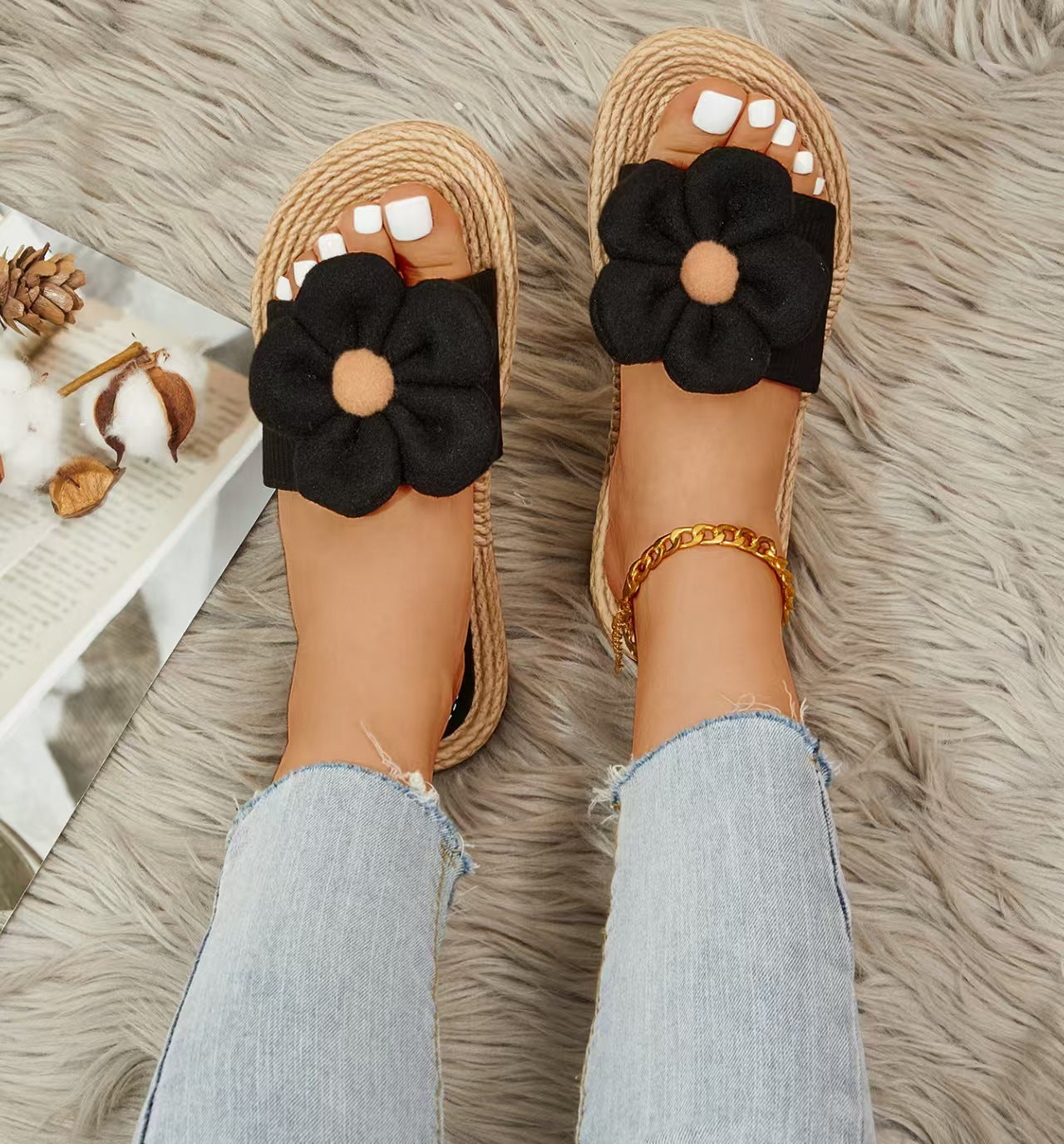 Women's Rope Bottom Stitching Floral Fashion Casual Slippers