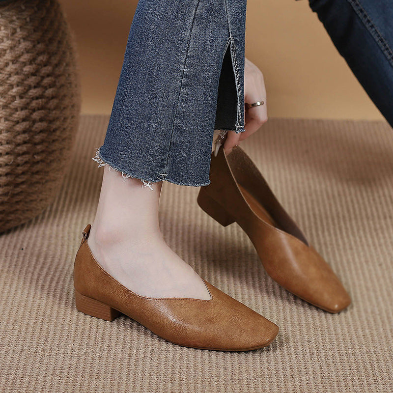 Square Toe Granny Shoes Flat Low-cut Shoes Casual All-matching