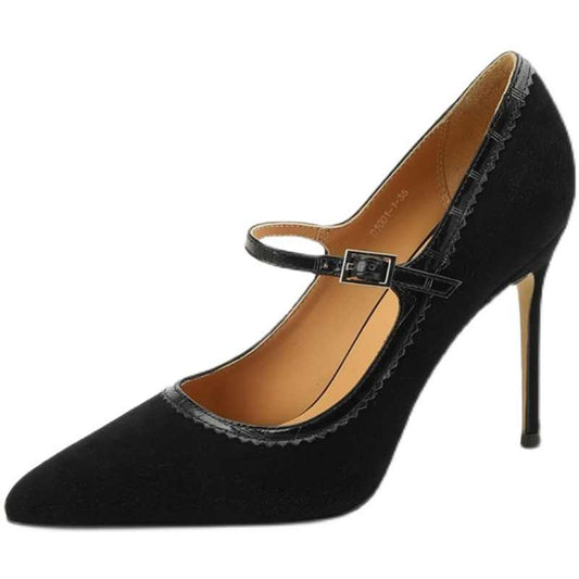 Women's Stiletto Heel Genuine Leather Buckle Pointed Toe Low-cut Shoes