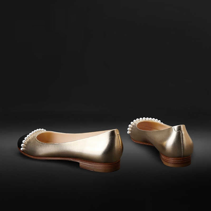 New Low-cut Gold Round Toe Pearl Women's Shoes