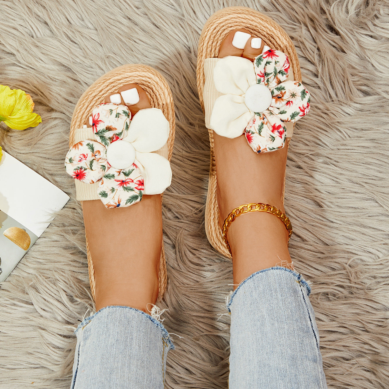 Women's Rope Bottom Stitching Floral Fashion Casual Slippers