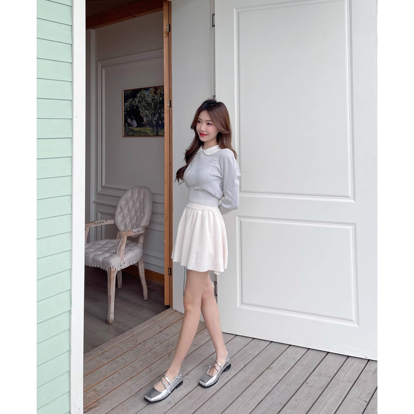 Genuine Leather Cross Buckle Strap Shallow Mouth Flat Bottom Pumps Silver Ballet Slipper Mary Jane Shoes