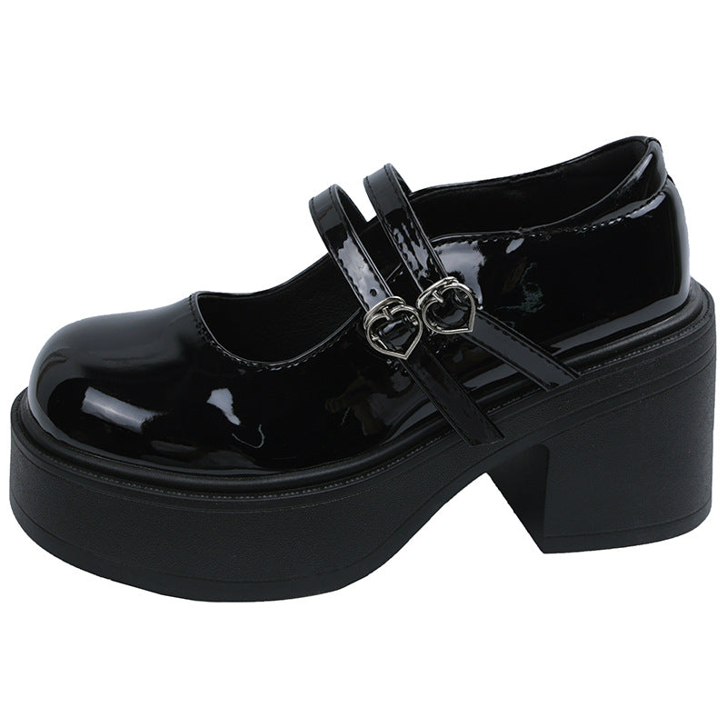 Thick Bottom Round Toe Leather Shoes Women's All-match
