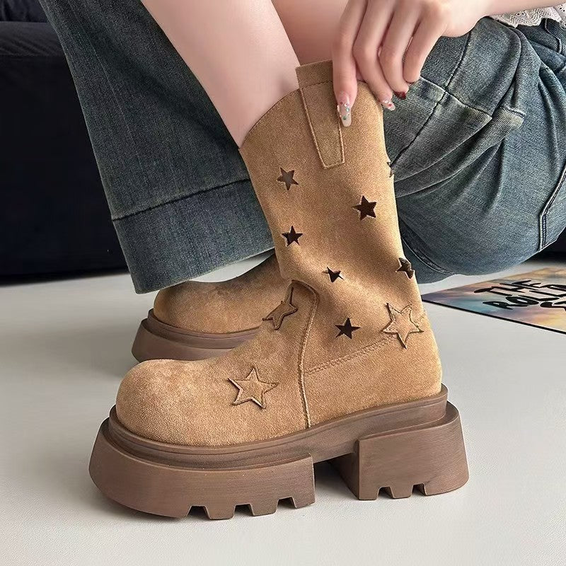 Five-star Hollow-out Platform Western Denim Ankle Boots