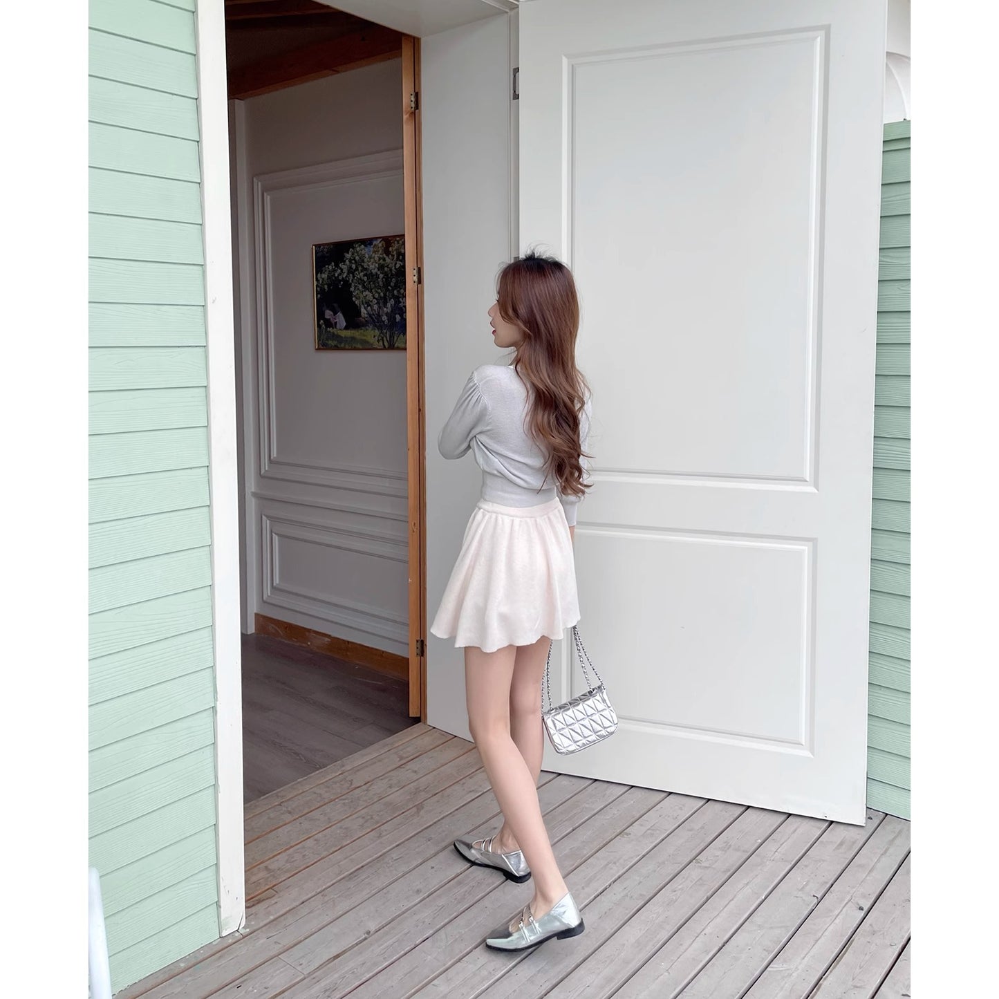 Genuine Leather Cross Buckle Strap Shallow Mouth Flat Bottom Pumps Silver Ballet Slipper Mary Jane Shoes