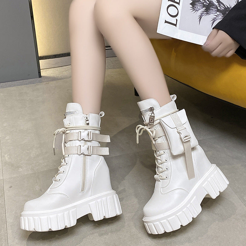 Platform Shoes Female Autumn And Winter Cotton Padded Height Increasing Insole Mid-calf Martin Boots