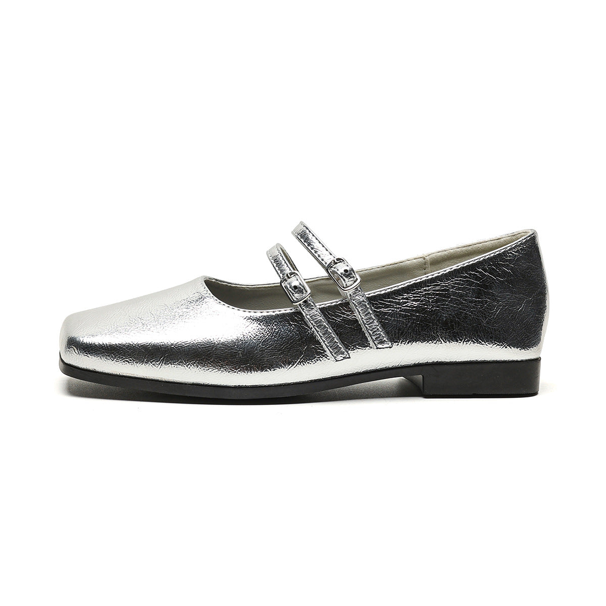 Genuine Leather Cross Buckle Strap Shallow Mouth Flat Bottom Pumps Silver Ballet Slipper Mary Jane Shoes