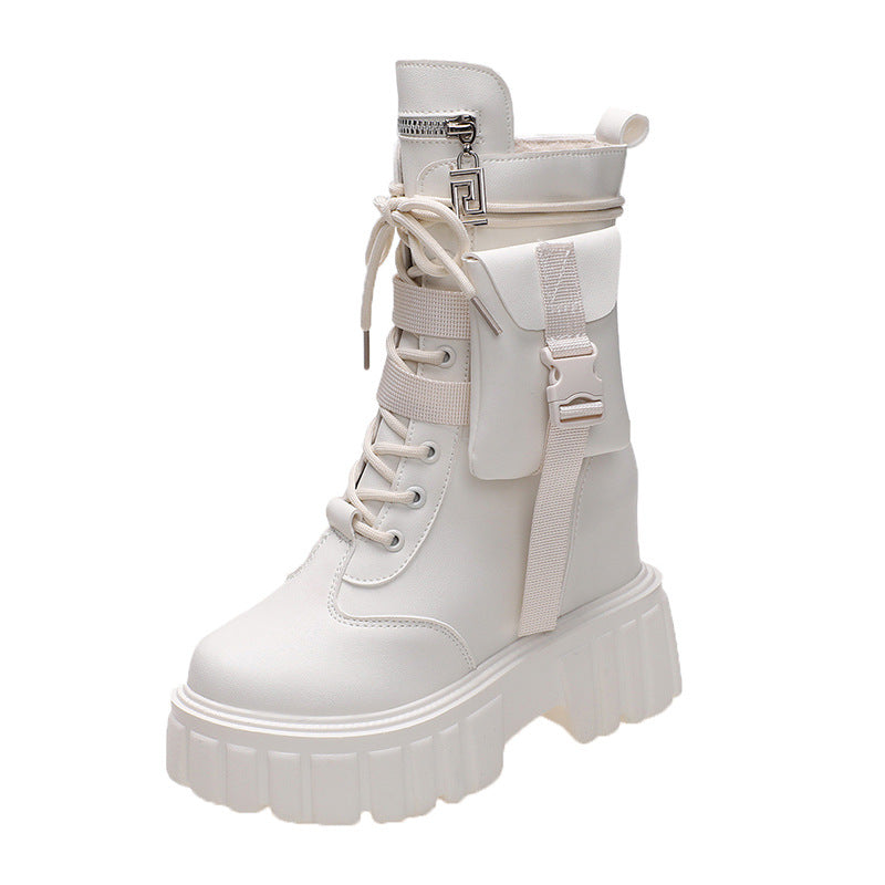 Platform Shoes Female Autumn And Winter Cotton Padded Height Increasing Insole Mid-calf Martin Boots