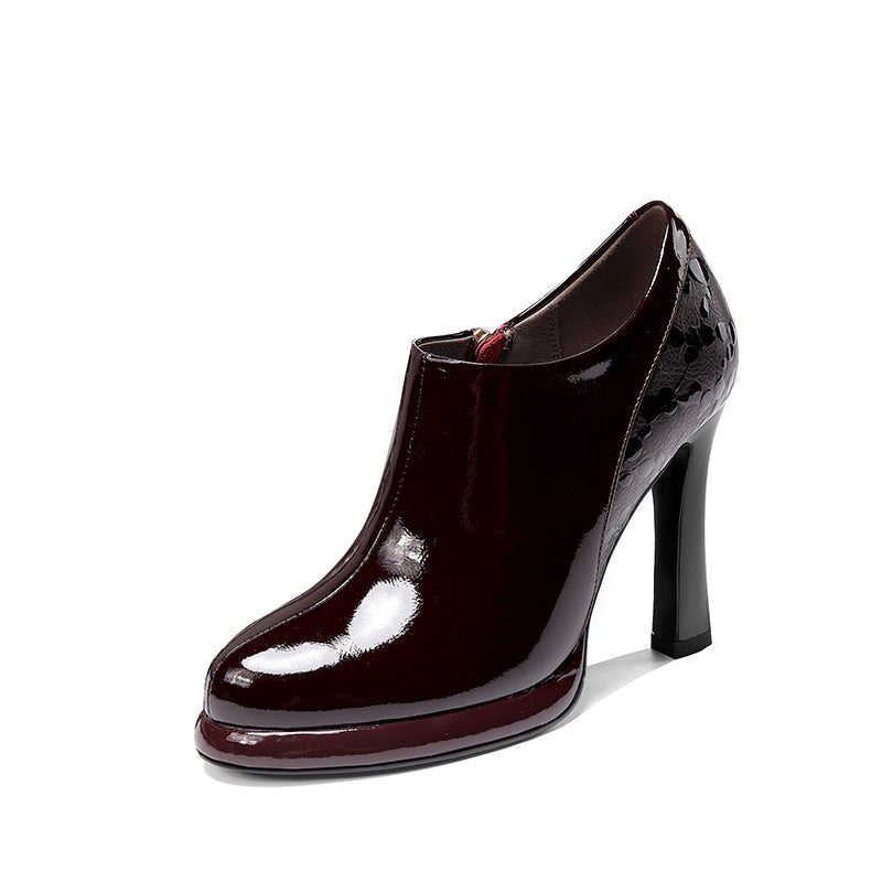 Spring And Autumn French Leather Waterproof Burgundy High Heels