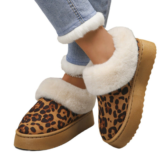 New Stylish And Chic Leopard-print French-style Velvet-lined Warm Thick-soled Cotton Shoes