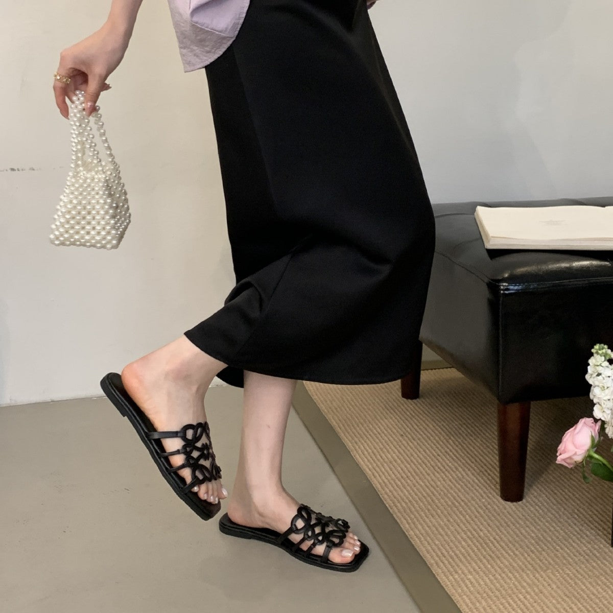 Summer Roman Style Hollow-out Slippers Flat All-match Vacation Style Beach Slippers Women