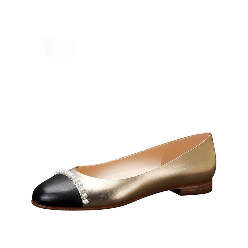 New Low-cut Gold Round Toe Pearl Women's Shoes