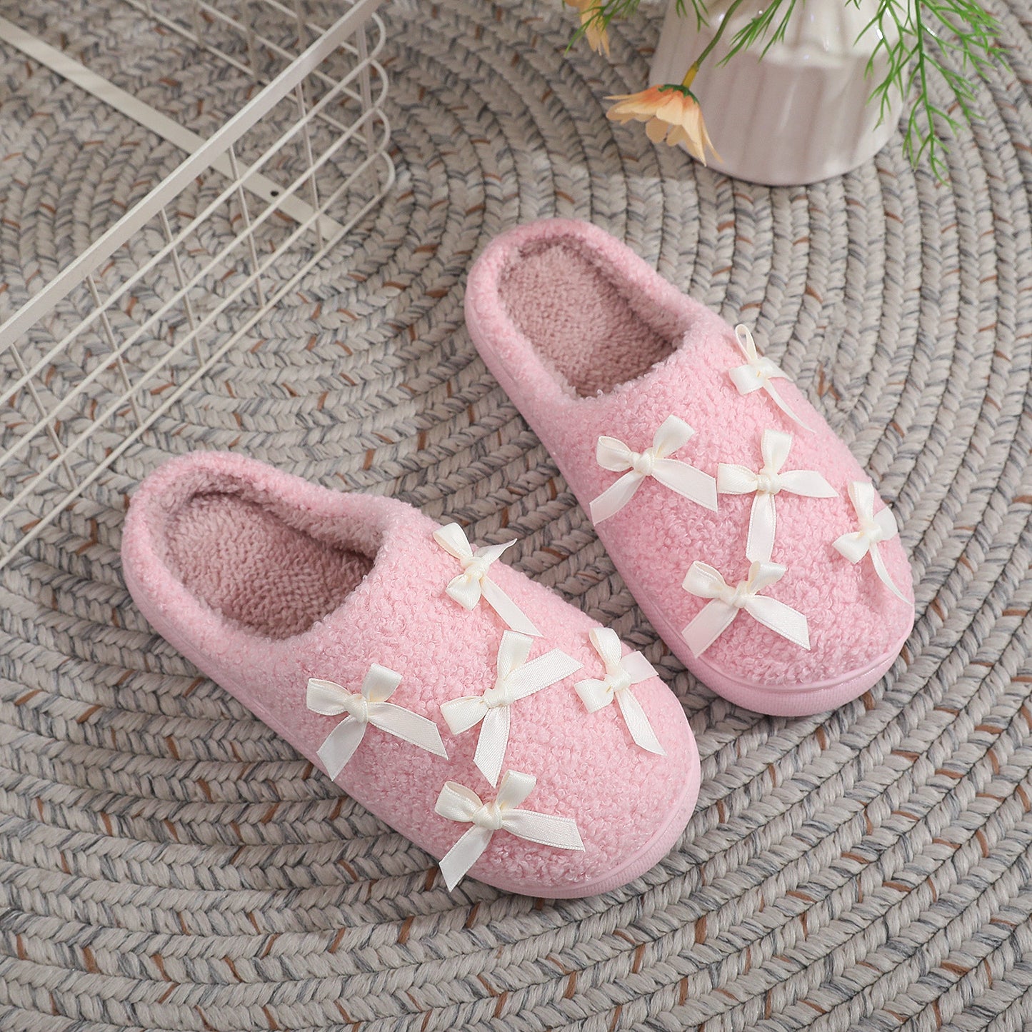 Korean Style Bow Cotton Slippers Women's Cute Warm
