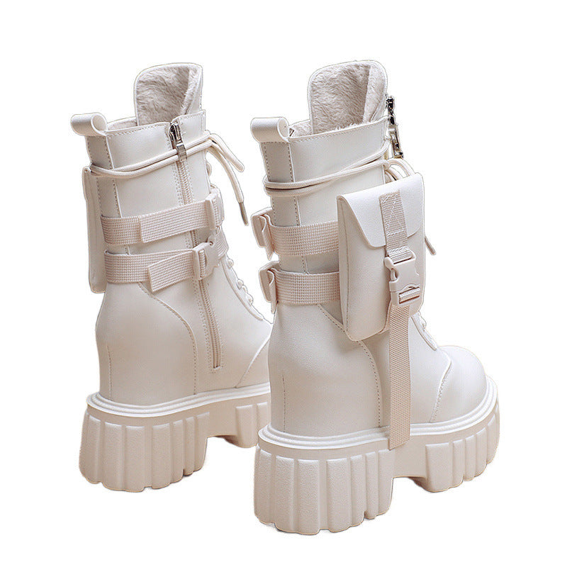 Platform Shoes Female Autumn And Winter Cotton Padded Height Increasing Insole Mid-calf Martin Boots