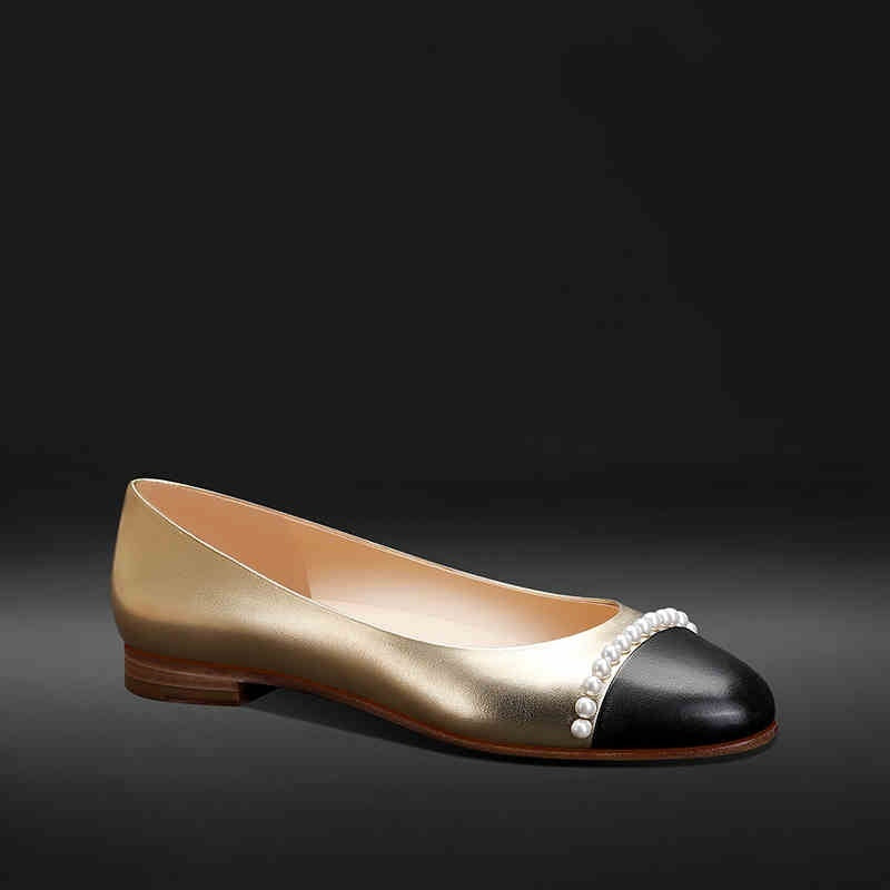 New Low-cut Gold Round Toe Pearl Women's Shoes