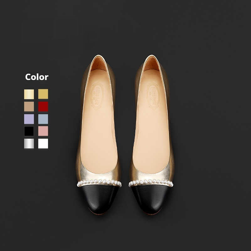 New Low-cut Gold Round Toe Pearl Women's Shoes